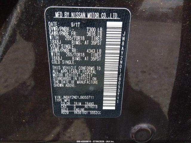 2018 Nissan Armada Sv მანქანა იყიდება აუქციონზე, vin: JN8AY2ND1J9055711, აუქციონის ნომერი: 45508610