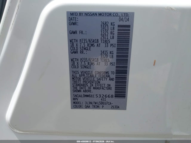 45508612 :رقم المزاد ، 5N1AL0MM6EC532668 vin ، 2014 Infiniti Qx60 مزاد بيع