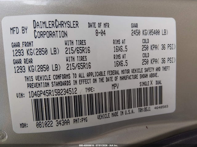 45508616 :رقم المزاد ، 1D4GP45R15B234512 vin ، 2005 Dodge Caravan Sxt مزاد بيع