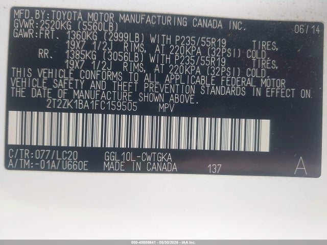 45508641 :رقم المزاد ، 2T2ZK1BA1FC159505 vin ، 2015 Lexus Rx 350 مزاد بيع