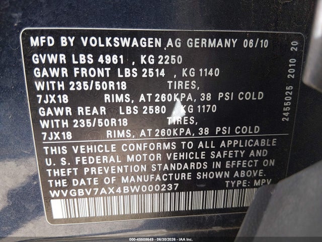 Aukcja sprzedaży 2011 Volkswagen Tiguan Se, vin: WVGBV7AX4BW000237, numer aukcji: 45508649