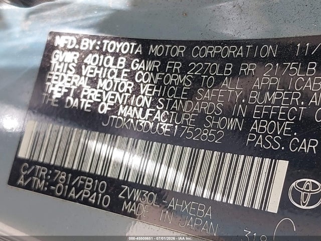 Aukcja sprzedaży 2014 Toyota Prius Two, vin: JTDKN3DU3E1752852, numer aukcji: 45508651