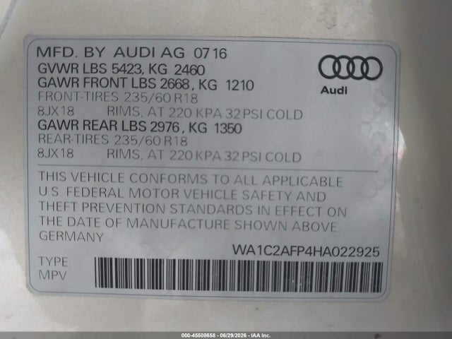 45508658 :رقم المزاد ، WA1C2AFP4HA022925 vin ، 2017 Audi Q5 2.0t Premium مزاد بيع