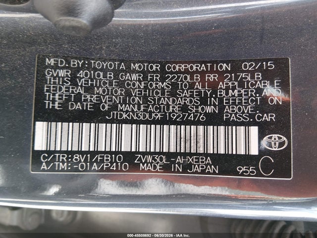 Auction sale of the 2015 Toyota Prius Two, vin: JTDKN3DU9F1927476, lot number: 45508692