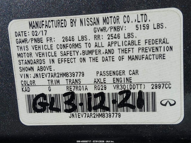 Продаж на аукціоні авто 2017 Infiniti Q50 3.0t Premium, vin: JN1EV7AR2HM839779, номер лоту: 45508717