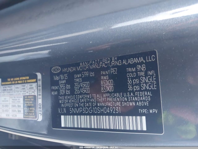 Продаж на аукціоні авто 2025 Hyundai Santa Fe Hybrid Limited, vin: 5NMP3DG10SH049231, номер лоту: 45508725