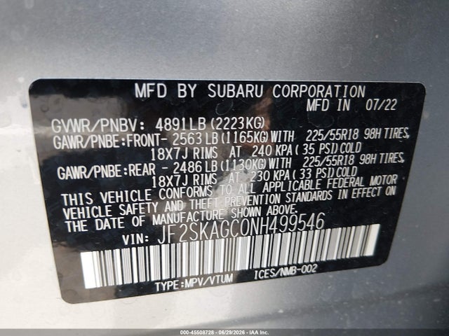 Продаж на аукціоні авто 2022 Subaru Forester Sport, vin: JF2SKAGC0NH499546, номер лоту: 45508728