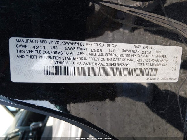 2011 Volkswagen Jetta 2.5l Se მანქანა იყიდება აუქციონზე, vin: 3VWDX7AJ1BM396739, აუქციონის ნომერი: 45508738