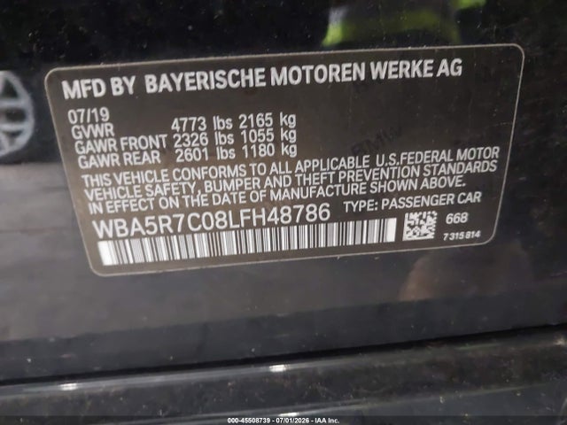 45508739 :رقم المزاد ، WBA5R7C08LFH48786 vin ، 2020 Bmw 330i Xdrive مزاد بيع