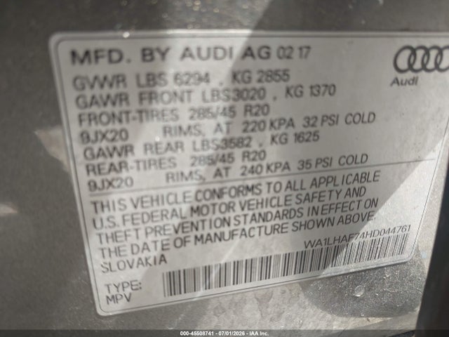 Продаж на аукціоні авто 2017 Audi Q7 2.0t Premium, vin: WA1LHAF74HD044761, номер лоту: 45508741