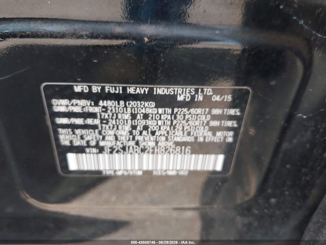 2015 Subaru Forester 2.5i მანქანა იყიდება აუქციონზე, vin: JF2SJABC2FH826816, აუქციონის ნომერი: 45508746