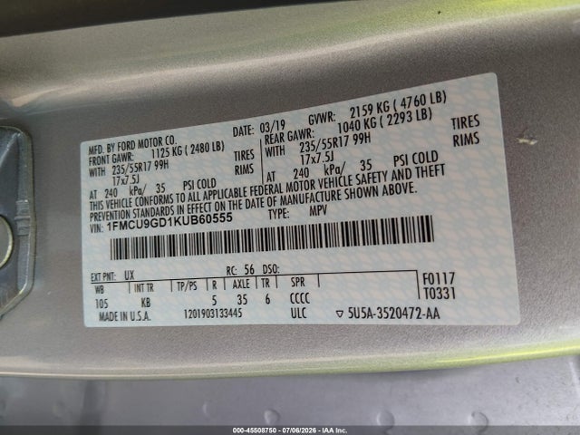 Ford ESCAPE SE 2019 1FMCU9GD1KUB60555 Image 9