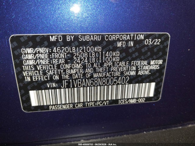 Aukcja sprzedaży 2022 Subaru Wrx Limited, vin: JF1VBAN68N8005402, numer aukcji: 45508753