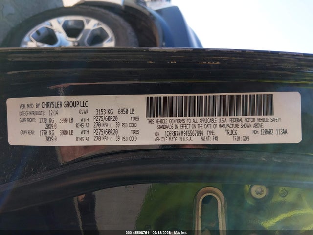Aukcja sprzedaży 2015 Ram 1500 Laramie, vin: 1C6RR7NM9FS567894, numer aukcji: 45508761