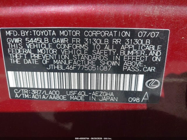 2007 Lexus Ls 460 მანქანა იყიდება აუქციონზე, vin: JTHBL46F775051087, აუქციონის ნომერი: 45508764