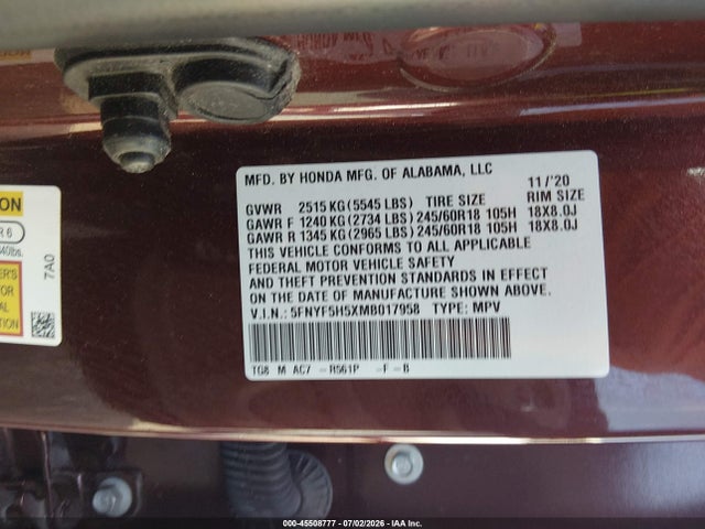5FNYF5H5XMB017958 Honda Pilot 2wd Ex-l