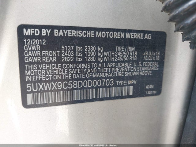 45508797 :رقم المزاد ، 5UXWX9C58D0D00703 vin ، 2013 Bmw X3 Xdrive28i مزاد بيع