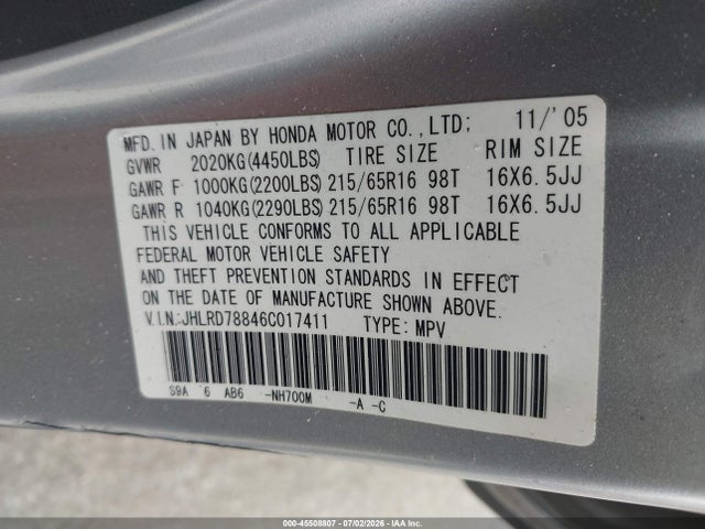 45508807 :رقم المزاد ، JHLRD78846C017411 vin ، 2006 Honda Cr-v Ex مزاد بيع