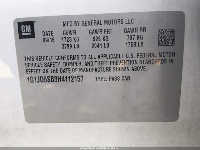 Aukcja sprzedaży 2017 Chevrolet Sonic Lt Auto, vin: 1G1JD5SB8H4112157, numer aukcji: 45508812