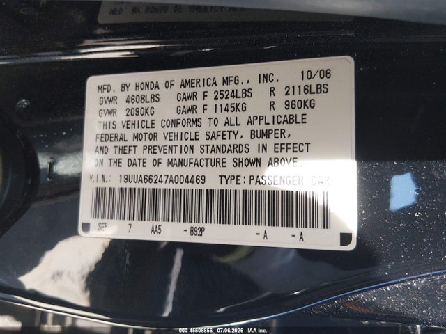 Aukcja sprzedaży 2007 Acura Tl 3.2, vin: 19UUA66247A004469, numer aukcji: 45508856