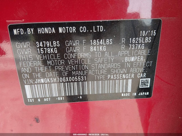 Honda FIT EX 2016 JHMGK5H70GX005531 Image 9
