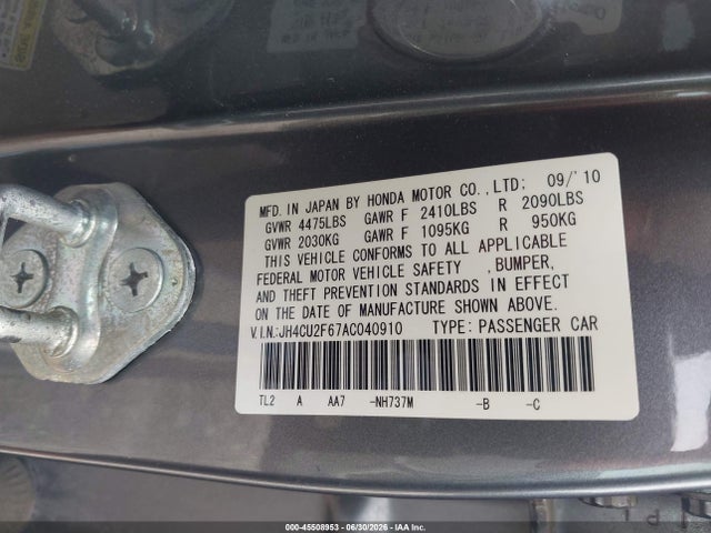 45508953 :رقم المزاد ، JH4CU2F67AC040910 vin ، 2010 Acura Tsx 2.4 مزاد بيع