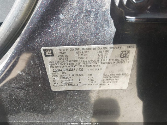 Продаж на аукціоні авто 2016 Chevrolet Equinox Ls, vin: 2GNALBEK4G6311635, номер лоту: 45508963