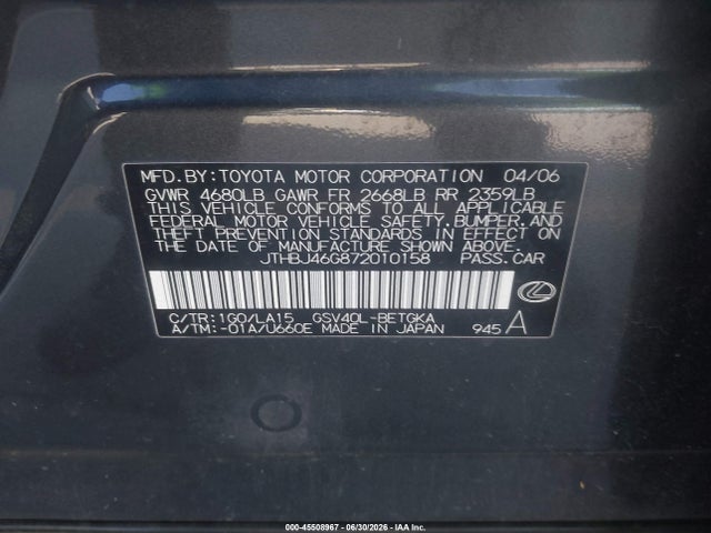 Aukcja sprzedaży 2007 Lexus Es 350, vin: JTHBJ46G872010158, numer aukcji: 45508967