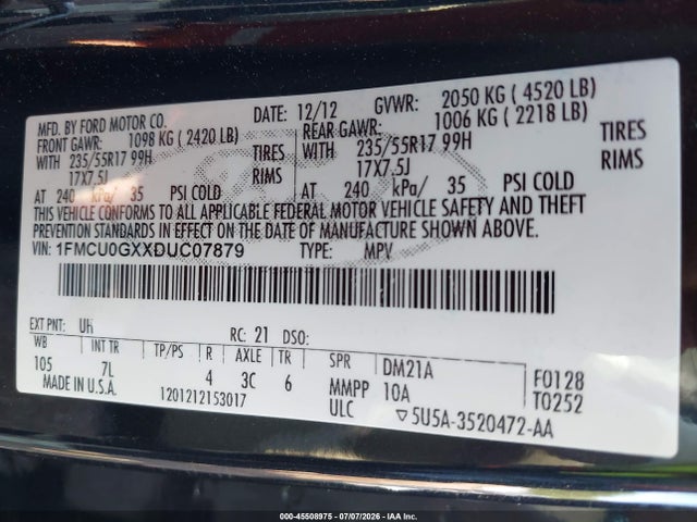 Продаж на аукціоні авто 2013 Ford Escape Se, vin: 1FMCU0GXXDUC07879, номер лоту: 45508975
