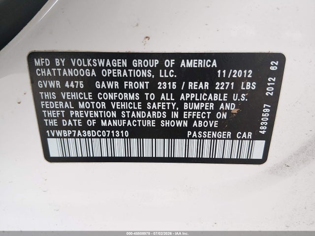 2013 Volkswagen Passat 2.5l Se მანქანა იყიდება აუქციონზე, vin: 1VWBP7A36DC071310, აუქციონის ნომერი: 45508978