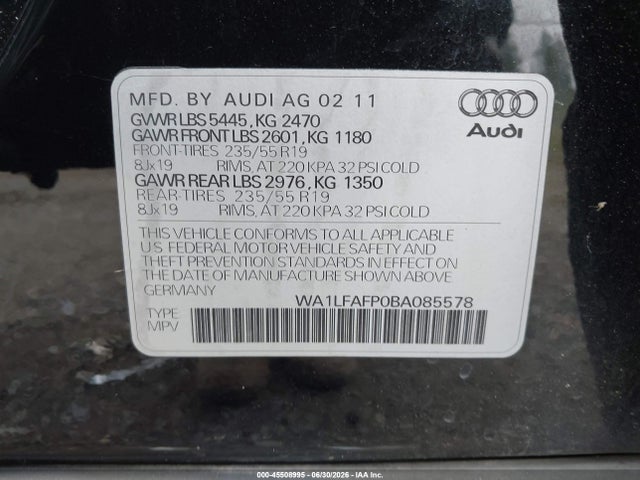 Auction sale of the 2011 Audi Q5 2.0t Premium, vin: WA1LFAFP0BA085578, lot number: 45508995