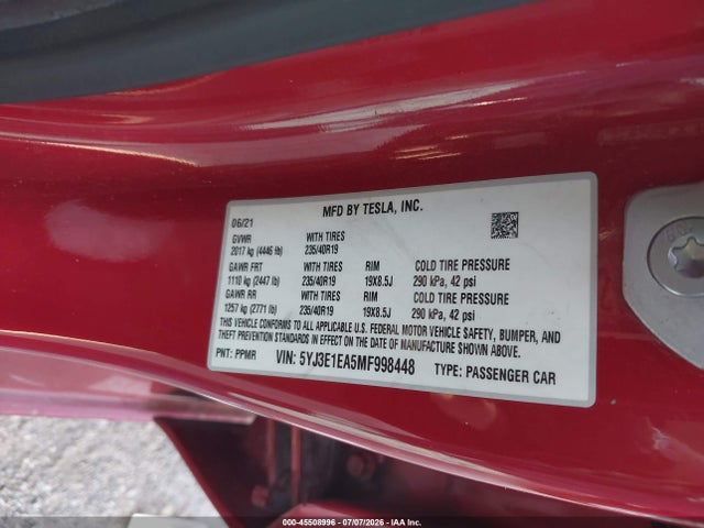 Продаж на аукціоні авто 2021 Tesla Model 3 Standard Range Plus Rear-wheel Drive, vin: 5YJ3E1EA5MF998448, номер лоту: 45508996