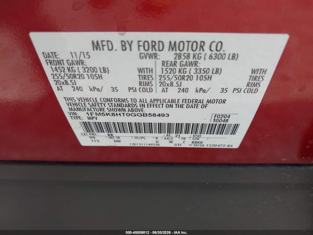 Ford Explorer Platinum 2016 1FM5K8HT0GGB58493 Image 9