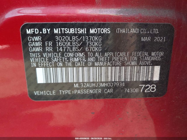Продаж на аукціоні авто 2021 Mitsubishi Mirage Carbonite Edition/es/le, vin: ML32AUHJ3MH007934, номер лоту: 45509030