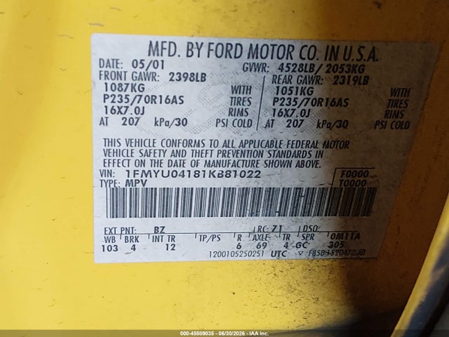 Продаж на аукціоні авто 2001 Ford Escape Xlt, vin: 1FMYU04181KB81022, номер лоту: 45509035