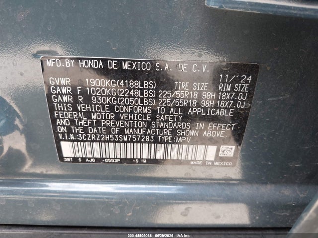 3CZRZ2H53SM757283 Honda Hr-v Awd Sport