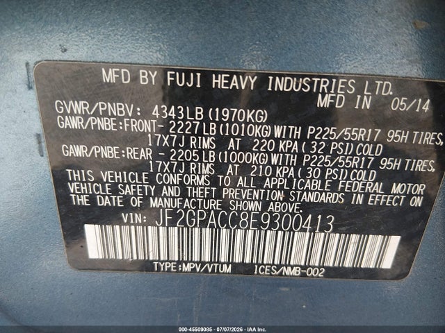 45509085 :رقم المزاد ، JF2GPACC8E9300413 vin ، 2014 Subaru Xv Crosstrek 2.0i Premium مزاد بيع
