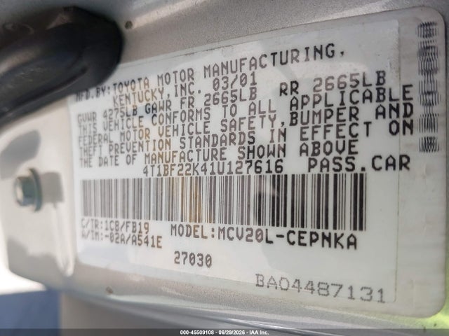 Aukcja sprzedaży 2001 Toyota Camry Le V6, vin: 4T1BF22K41U127616, numer aukcji: 45509108