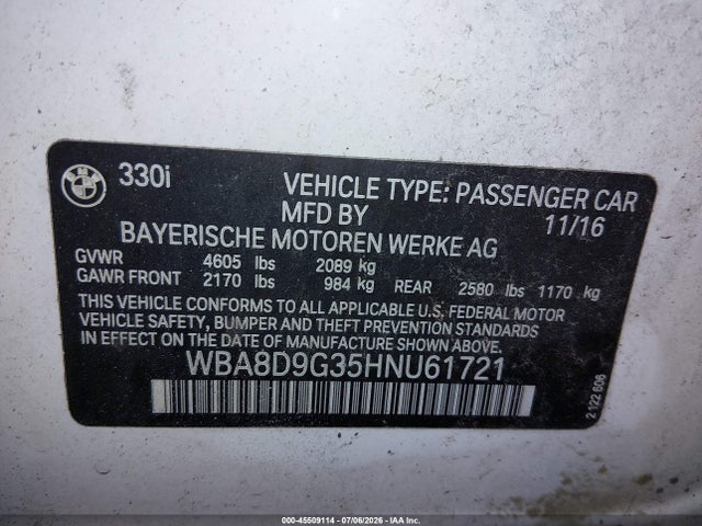 2017 Bmw 330i Xdrive მანქანა იყიდება აუქციონზე, vin: WBA8D9G35HNU61721, აუქციონის ნომერი: 45509114