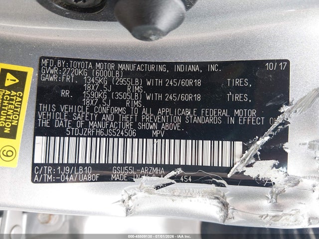 Toyota Highlander Xle 2018 5TDJZRFH6JS524506 Image 9