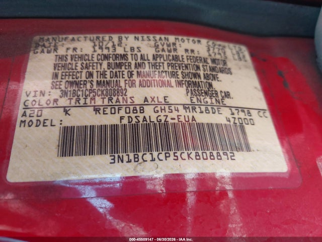 Aukcja sprzedaży 2012 Nissan Versa 1.8 Sl, vin: 3N1BC1CP5CK808892, numer aukcji: 45509147