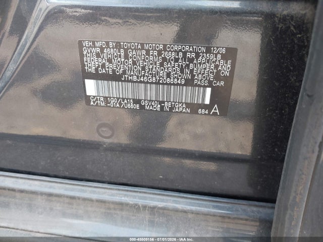 45509156 :رقم المزاد ، JTHBJ46G872086849 vin ، 2007 Lexus Es 350 مزاد بيع