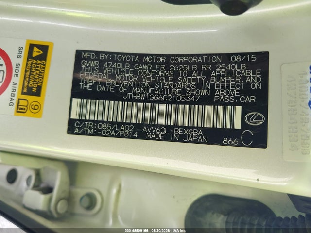 2016 Lexus Es 300h მანქანა იყიდება აუქციონზე, vin: JTHBW1GG6G2105347, აუქციონის ნომერი: 45509166