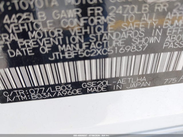 Aukcja sprzedaży 2012 Lexus Is 250, vin: JTHBF5C2XC5169837, numer aukcji: 45509207