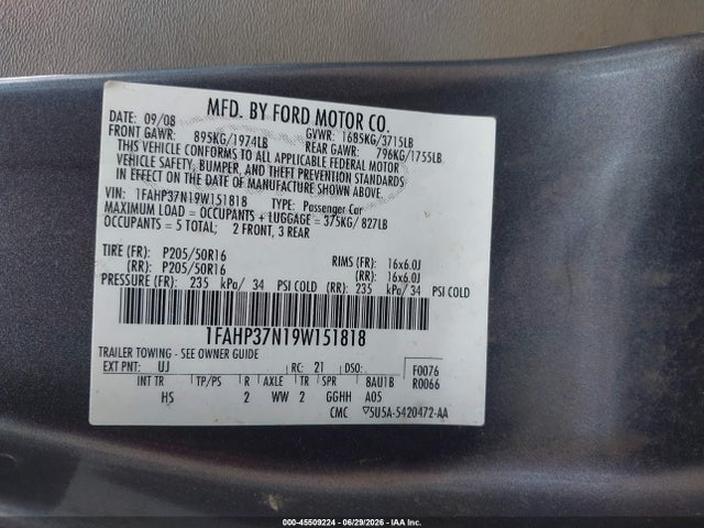2009 Ford Focus Sel მანქანა იყიდება აუქციონზე, vin: 1FAHP37N19W151818, აუქციონის ნომერი: 45509224