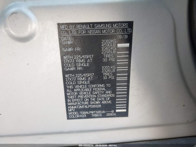 45509234 :رقم المزاد ، KNMAT2MT4LP518328 vin ، 2020 Nissan Rogue S Fwd مزاد بيع