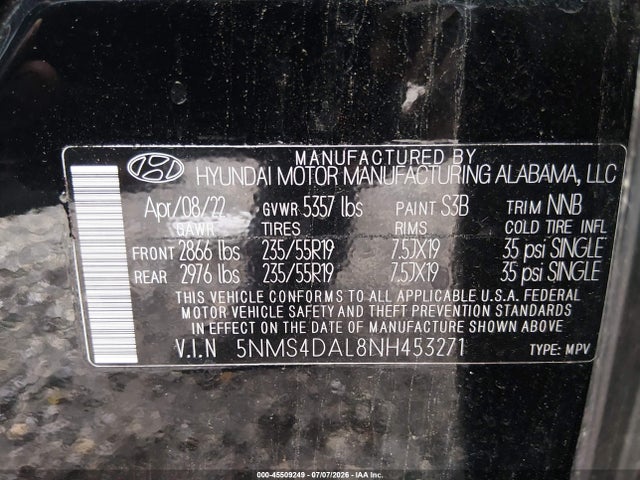 45509249 :رقم المزاد ، 5NMS4DAL8NH453271 vin ، 2022 Hyundai Santa Fe Limited مزاد بيع