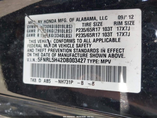 45509252 :رقم المزاد ، 5FNRL5H42DB003427 vin ، 2013 Honda Odyssey Ex مزاد بيع