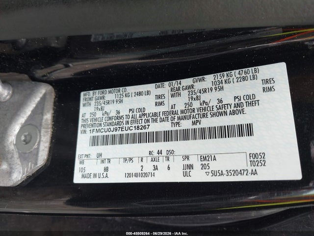 2014 Ford Escape Titanium მანქანა იყიდება აუქციონზე, vin: 1FMCU0J97EUC18267, აუქციონის ნომერი: 45509264