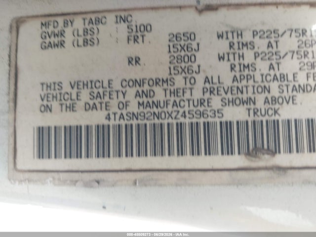 Auction sale of the 1999 Toyota Tacoma Prerunner V6, vin: 4TASN92N0XZ459635, lot number: 45509273